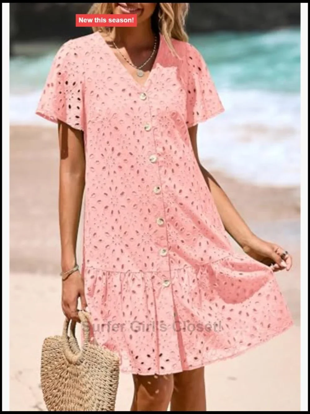 Eyelet Short Sleeve Button Down Babydoll Mini Dress Casual Summer - Picture 6 of 7